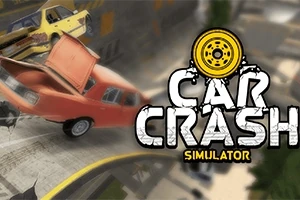 En oransje bil krasjer med bagasjerommet åpent, med en gul bil i bakgrunnen, og teksten Car Crash Simulator vises til høyre