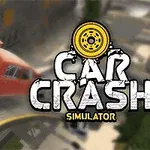 En oransje bil krasjer med bagasjerommet åpent, med en gul bil i bakgrunnen, og teksten Car Crash Simulator vises til høyre