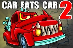Rødt bilaktig vesen med skarpe tenner og intense øyne på en grå bakgrunn med teksten Car Eats Car 2 øverst