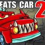 Rødt bilaktig vesen med skarpe tenner og intense øyne på en grå bakgrunn med teksten Car Eats Car 2 øverst
