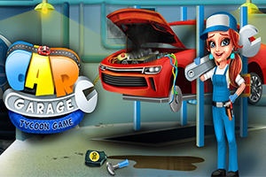 Leken tegneseriemekaniker med verktøy foran en rød bil på en garasjeheis, med logoen Car Garage Tycoon Game ved siden av