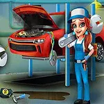 Leken tegneseriemekaniker med verktøy foran en rød bil på en garasjeheis, med logoen Car Garage Tycoon Game ved siden av