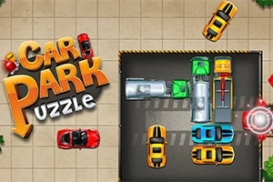 Tittelen Car Park Puzzle vises i fargerike bokstaver ved siden av et spillbrett der biler er parkert tettsittende i ulike farger og retninger