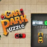 Tittelen Car Park Puzzle vises i fargerike bokstaver ved siden av et spillbrett der biler er parkert tettsittende i ulike farger og retninger