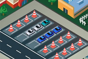 En illustrasjon av en parkeringsplass med trafikkjegler og parkerte biler, sett ovenfra