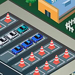 En illustrasjon av en parkeringsplass med trafikkjegler og parkerte biler, sett ovenfra