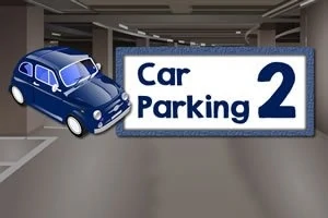 Blå bil og tekst Car Parking 2 på et parkeringshus bakgrunn