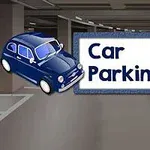 Blå bil og tekst Car Parking 2 på et parkeringshus bakgrunn