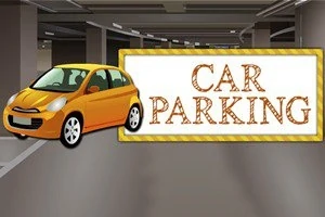 Gul bil i en parkeringsgarasje ved siden av et skilt med teksten Car Parking