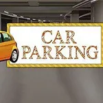 Gul bil i en parkeringsgarasje ved siden av et skilt med teksten Car Parking
