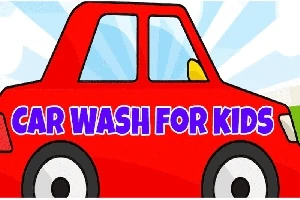 Rød tegneseriebil med teksten Car Wash for Kids på siden