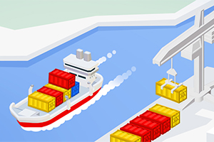 Et lasteskip fylt med fargerike containere seiler nær en havn der en kran løfter gule containere