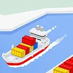 Et lasteskip fylt med fargerike containere seiler nær en havn der en kran løfter gule containere