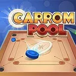 Brettspill med røde, blå og grønne brikker, med teksten Carrom Pool i midten