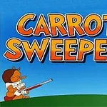 Tegneseriefigur i jaktklær sikter med gevær mot en annen tegneseriefigur som lener seg til et tre med en gulrot, med teksten Carrot Sweeper øverst