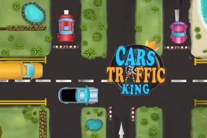 Topp-ned illustrasjon av et veikryss med biler, omgitt av gress, vann og trær, med teksten Cars Traffic King i midten