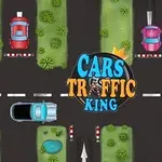 Topp-ned illustrasjon av et veikryss med biler, omgitt av gress, vann og trær, med teksten Cars Traffic King i midten