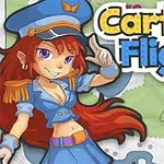 En illustrasjon av en person i flyuniform med langt rødt hår og en bakgrunn med kartdetaljer og teksten Cartoon Flight