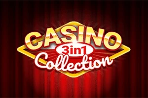 Teksten Casino 3 in 1 Collection i gule og røde bokstaver med et teppe i bakgrunnen