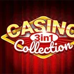 Teksten Casino 3 in 1 Collection i gule og røde bokstaver med et teppe i bakgrunnen