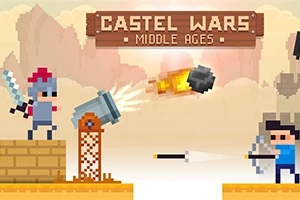 To pixelfigurer står på hver sin side av et landskap med en kanon som skyter et prosjektil, under en treplate med teksten Castel Wars Middle Ages