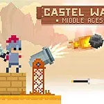 To pixelfigurer står på hver sin side av et landskap med en kanon som skyter et prosjektil, under en treplate med teksten Castel Wars Middle Ages