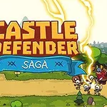 Tegneserieaktig scene med beleirede riddere foran et slott, en blå banner med teksten Saga, og lyn som treffer skjelettlignende fiender