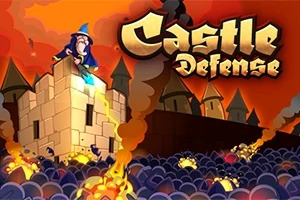 En tegneseriestil illustrasjon av en trollmann som forsvarer et slott mot en horde av angrep, med dramatisk himmel og tekst i bakgrunnen