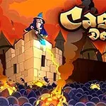 En tegneseriestil illustrasjon av en trollmann som forsvarer et slott mot en horde av angrep, med dramatisk himmel og tekst i bakgrunnen