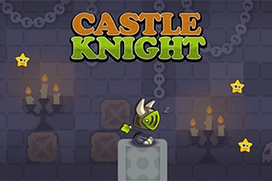 En animert ridder med hjelm står på en sokkel omgitt av stjerner, med teksten Castle Knight på en mørk bakgrunn med lenker og steinvegger