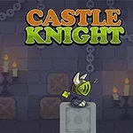 En animert ridder med hjelm står på en sokkel omgitt av stjerner, med teksten Castle Knight på en mørk bakgrunn med lenker og steinvegger