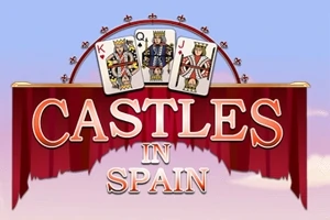 Tre spillekort med kong, dronning og knekt over teksten Castles in Spain på en bakgrunn med himmel og røde gardiner