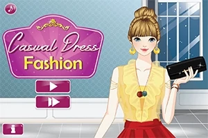 Tegning av en ung kvinne med blondt hår i topp, iført en gul bluse og rød skjørt, som holder en svart veske, ved siden av en stor lys lilla logo med teksten Casual Dress Fashion på en skjerm