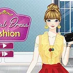 Tegning av en ung kvinne med blondt hår i topp, iført en gul bluse og rød skjørt, som holder en svart veske, ved siden av en stor lys lilla logo med teksten Casual Dress Fashion på en skjerm