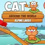 Tegneseriekatt som sitter på en plattform over en innsjø med bakgrunn av fjell og en stor prikkete sopp til venstre