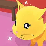 Gul, tegneserieaktig katt med store øyne står på et rosa gulv, omgitt av stjerner og en rød bakgrunn