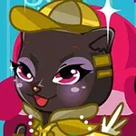 Tegneseriefigur av en svart katt med rosa øyne og gylden bekledning, inkludert en hatt, sittende foran en rosa bakgrunn