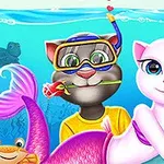 En svart katt ikledd dykkermaske med rose i munnen og en hvit kattehavfrue sitter sammen i en undervannsscene med en flaske kjærlighetseliksir