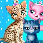Tre animerte katter med ulike uttrykk og tilbehør står foran en blå bakgrunn med hvite stjerner