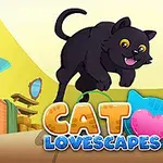 Svart katt hopper foran fargerik bakgrunn med strikkeball og teksten Cat Lovescapes
