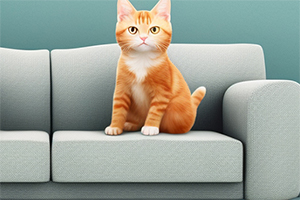 En oransje katt sitter på en lys grå sofa foran en turkis vegg