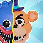 To ansikter, et blått monster med skarpe tenner og et oransje bjørnelignende figur med en hatt, delt av en gul linje