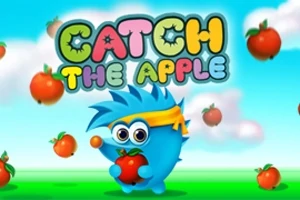 En blå, tegneserieaktig figur med gule briller og pannebånd holder et rødt eple mens flere epler svever rundt under teksten Catch the Apple