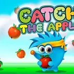 En blå, tegneserieaktig figur med gule briller og pannebånd holder et rødt eple mens flere epler svever rundt under teksten Catch the Apple