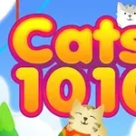 Fargerik illustrasjon med teksten Cats 1010 og tegneserieaktige katter, omgitt av skyer og trær