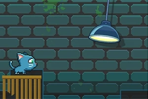 En tegnet katt står på en kasse i et rom med en mursteinsvegg og en hengende lampe