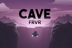 Romskip svever over en kløft i en lilla, fjellaktig landskap med teksten CAVE FRVR over