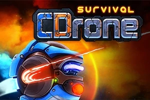 Fargesprakende bilde av en futuristisk robot med lysstråler og teksten Survival CDronde øverst