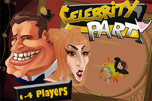Tegneserieaktige karikaturer av to personer med teksten Celebrity Party og 1-4 Players i fargerik stil