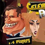 Tegneserieaktige karikaturer av to personer med teksten Celebrity Party og 1-4 Players i fargerik stil